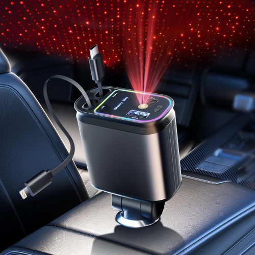 Car Roof Starlight 4 In 1 3ft Retractable Cable 66W Fast Car Charger Adapter USB A & USB C Car Screen Display Compatible With All Phones, IPad And Gadget