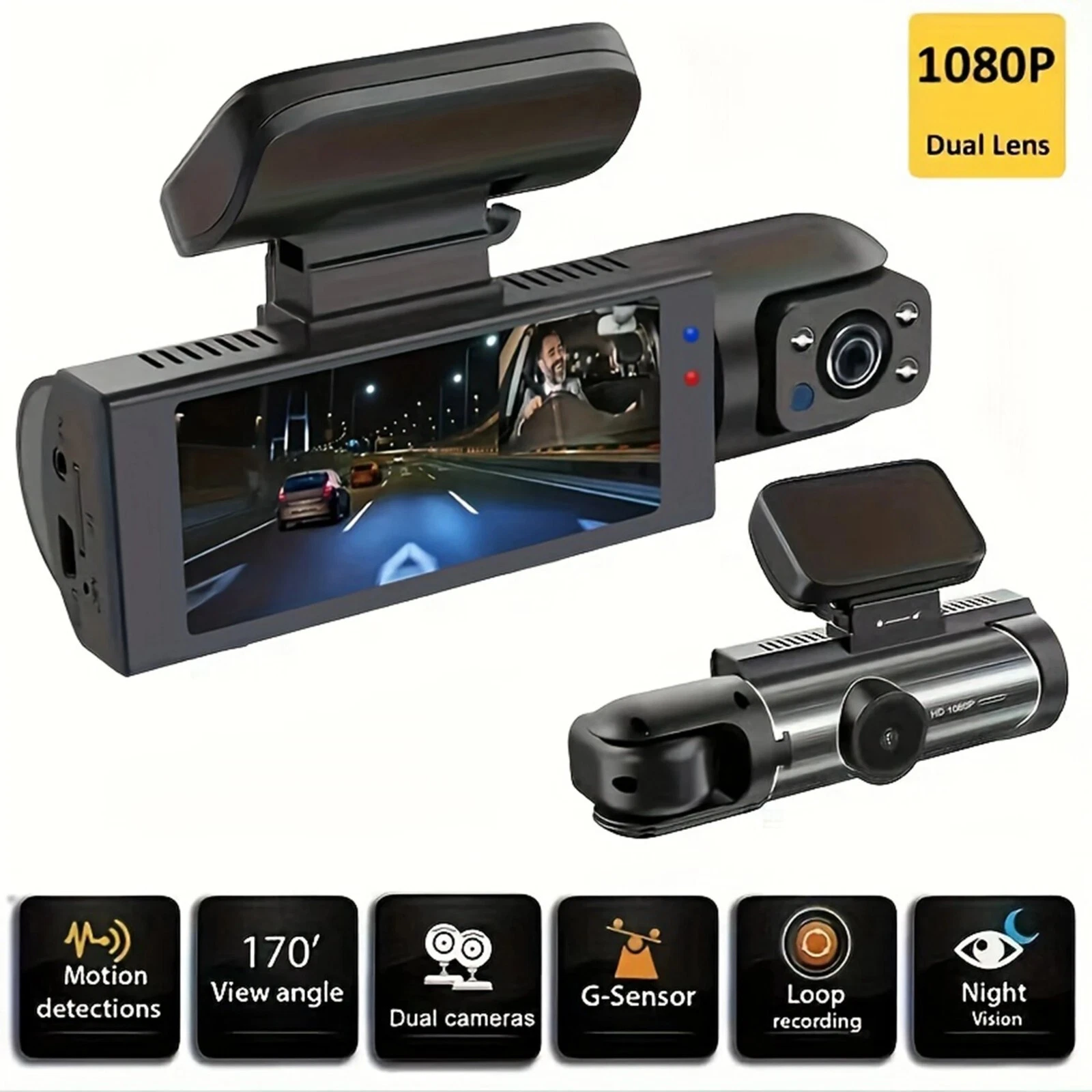 1080P Dual Lens Car Dash Cam with Rear Camera & Night Vision