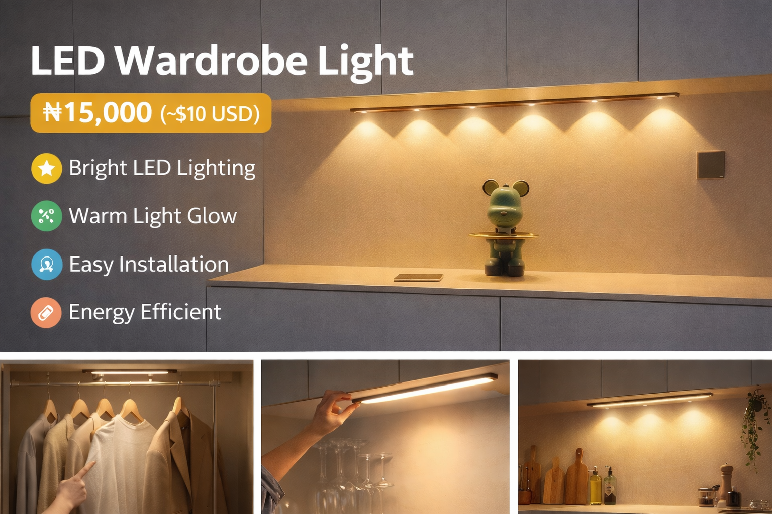 Modern LED Wardrobe Light Bar (Warm White)