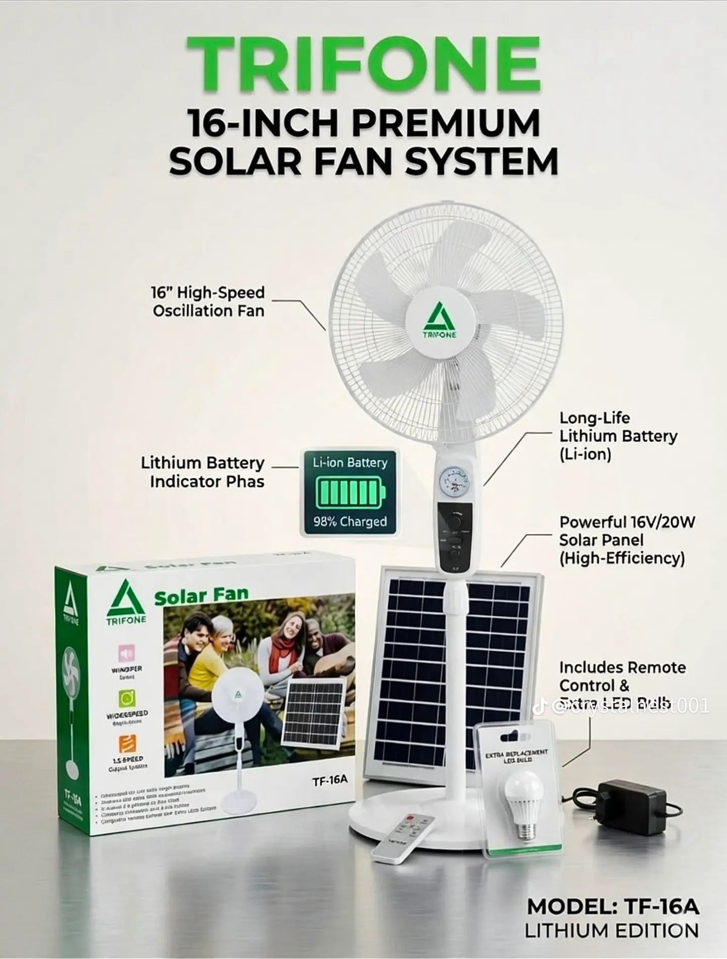 Trifone 16-Inch Premium Solar Rechargeable Fan System (Model TF-16A – Lithium Edition) - Image 2
