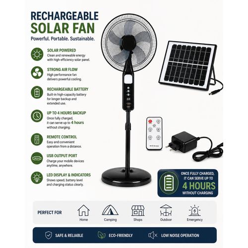16-Inch Solar Powered Rechargeable Pedestal Fan with Solar Panel - Image 2