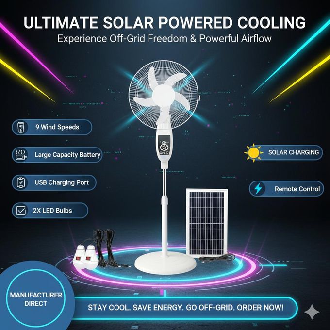 16-Inch Solar Powered Rechargeable Pedestal Fan with Solar Panel - Image 3