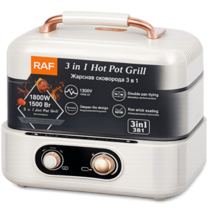 RAF 3 in 1 Hot Pot Grill – 1800W Electric Grill with Double Pan Frying, Independent Temperature Control & Non-Stick Coating | 2.5L